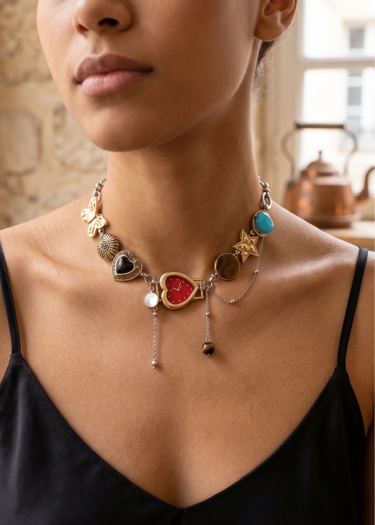 Boho black heart vintage whimsical watch choker necklace with black or red dial by CloudRaspberry Studio, featuring a pendant design.