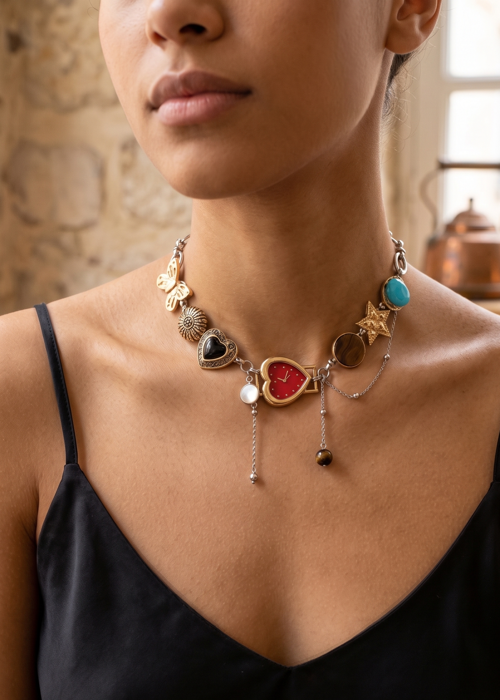Boho black heart vintage whimsical watch choker necklace with black dial, pendant style, by CloudRaspberry Studio.