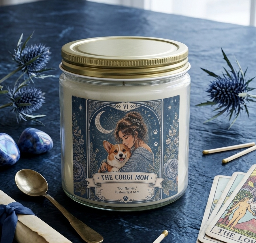 Personalized 'Tarot The Corgi Mom' scented candle with coconut apricot wax, featuring custom design and decorative packaging.
