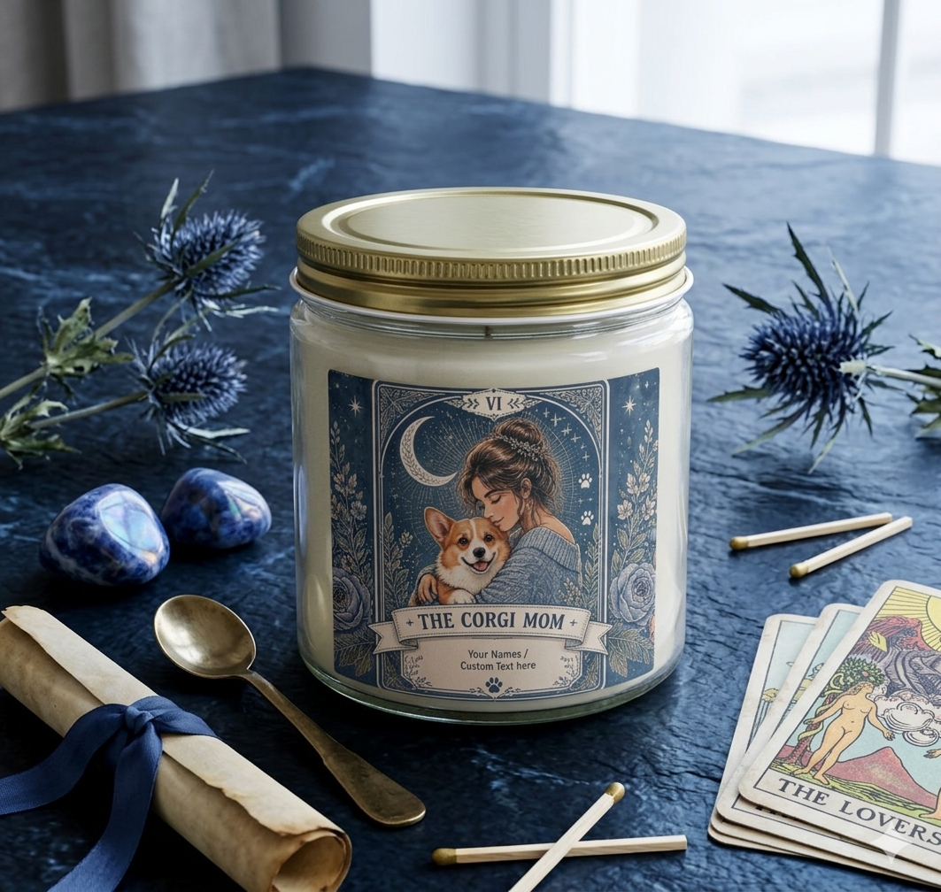Personalized 'Tarot The Corgi Mom' scented candle with coconut apricot wax, featuring custom tarot-themed artwork.