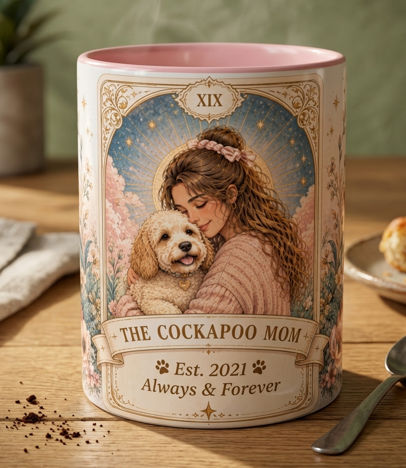 Personalized floral tarot-style 'The Cockapoo Mom' ceramic coffee mug with custom text, 11oz size, featuring dog mom design.