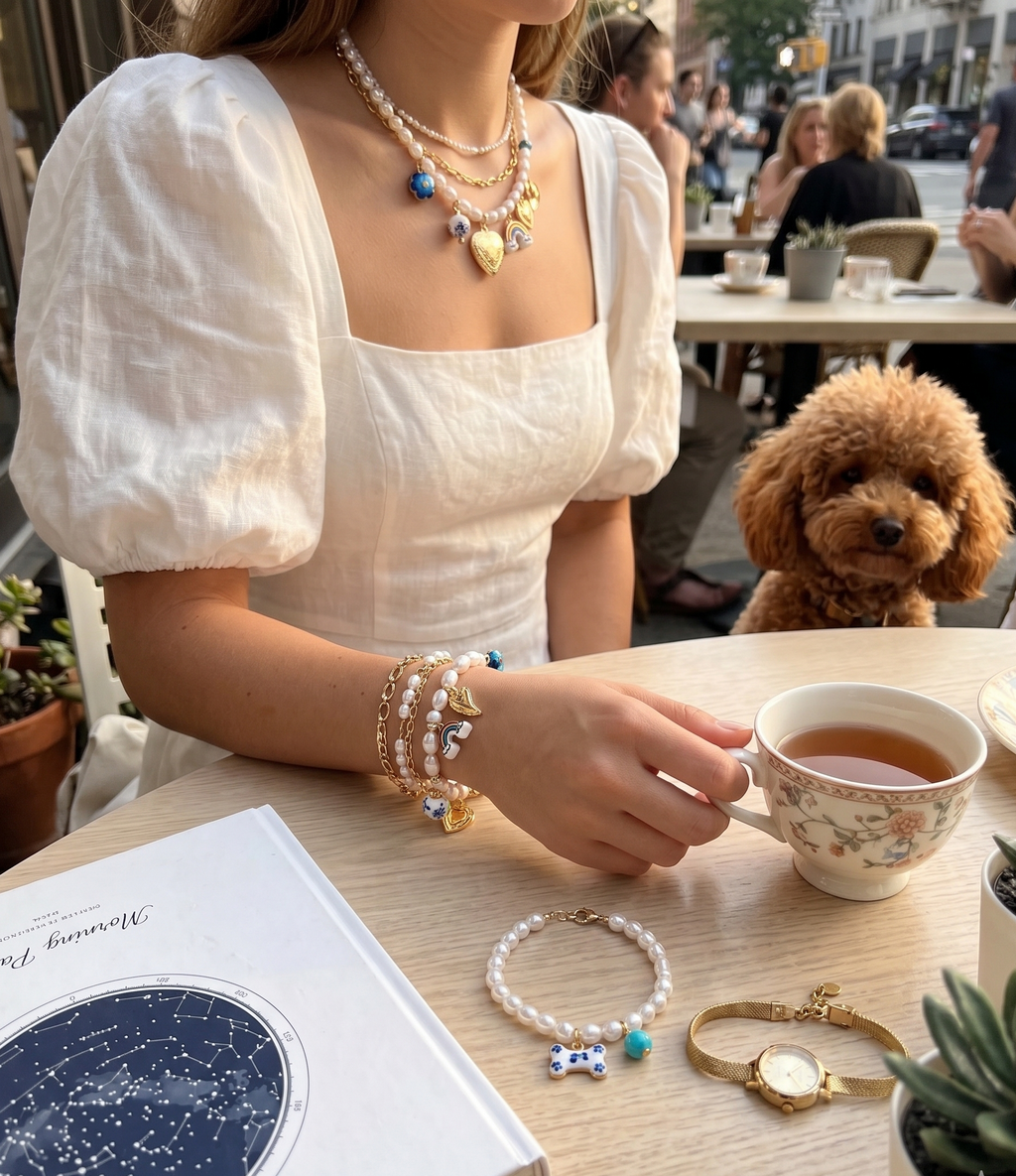Blue boho pearl and ceramic charm necklace by CloudRaspberry Studio featuring floral cowboy charms, perfect for layered jewelry.
