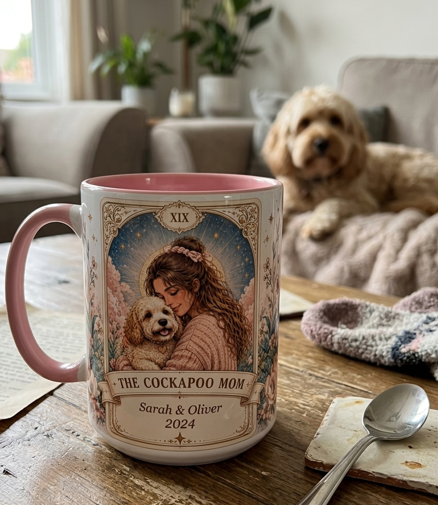 Personalized 'The Cockapoo Mom' custom floral tarot-style dog mom coffee mug, 11oz, featuring a unique design.
