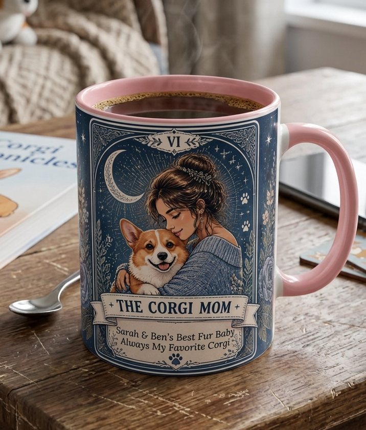 Custom 'The Corgi Mom' tarot card coffee mug featuring a cute dog mom design, perfect for personalized gift ideas.