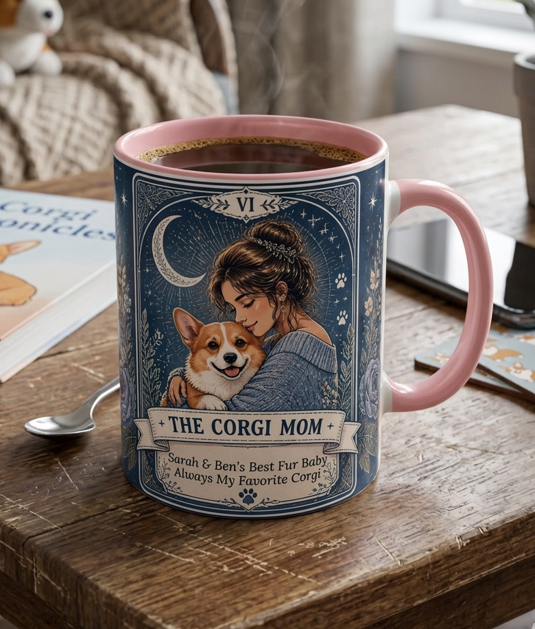 Personalized 'The Corgi Mom' tarot card coffee mug with cute corgi illustration, perfect dog mom gift from Printify.
