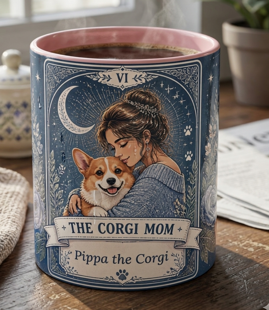 Personalized 'The Corgi Mom' Tarot Card coffee mug featuring a cute dog mom design, custom print on a ceramic mug.
