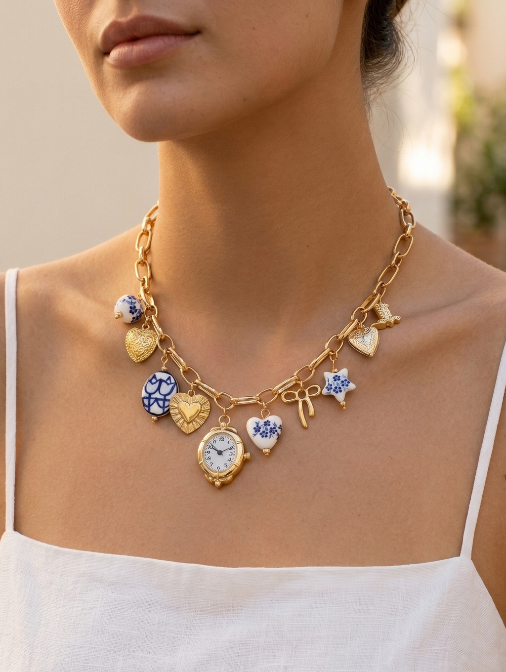 Blue ceramic faux watch charm necklace and bracelet set featuring gold porcelain accents by CloudRaspberry Studio