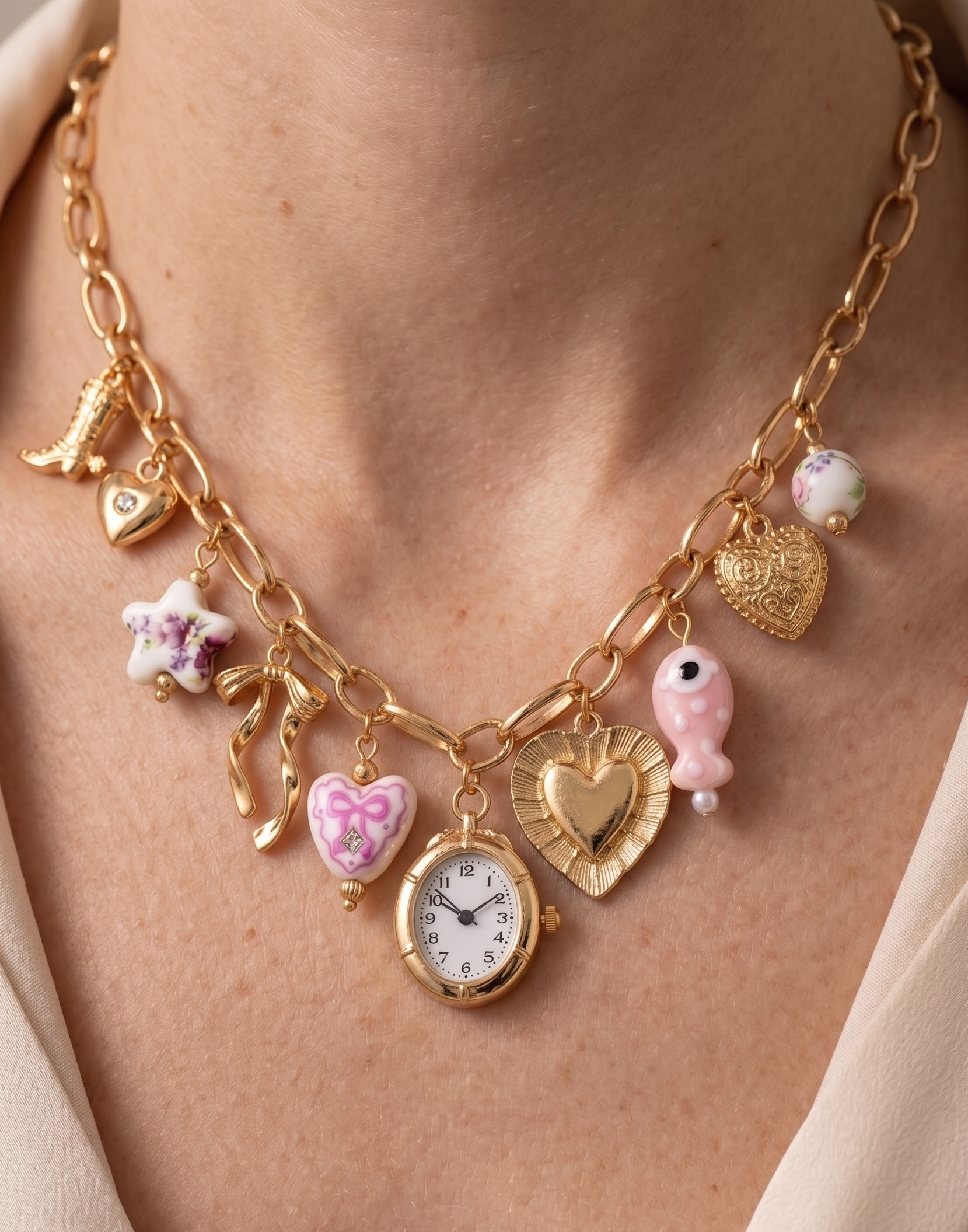 Pink ceramic watch charm necklace and bracelet set with gold floral fish and bow accents from CloudRaspberry Studio.