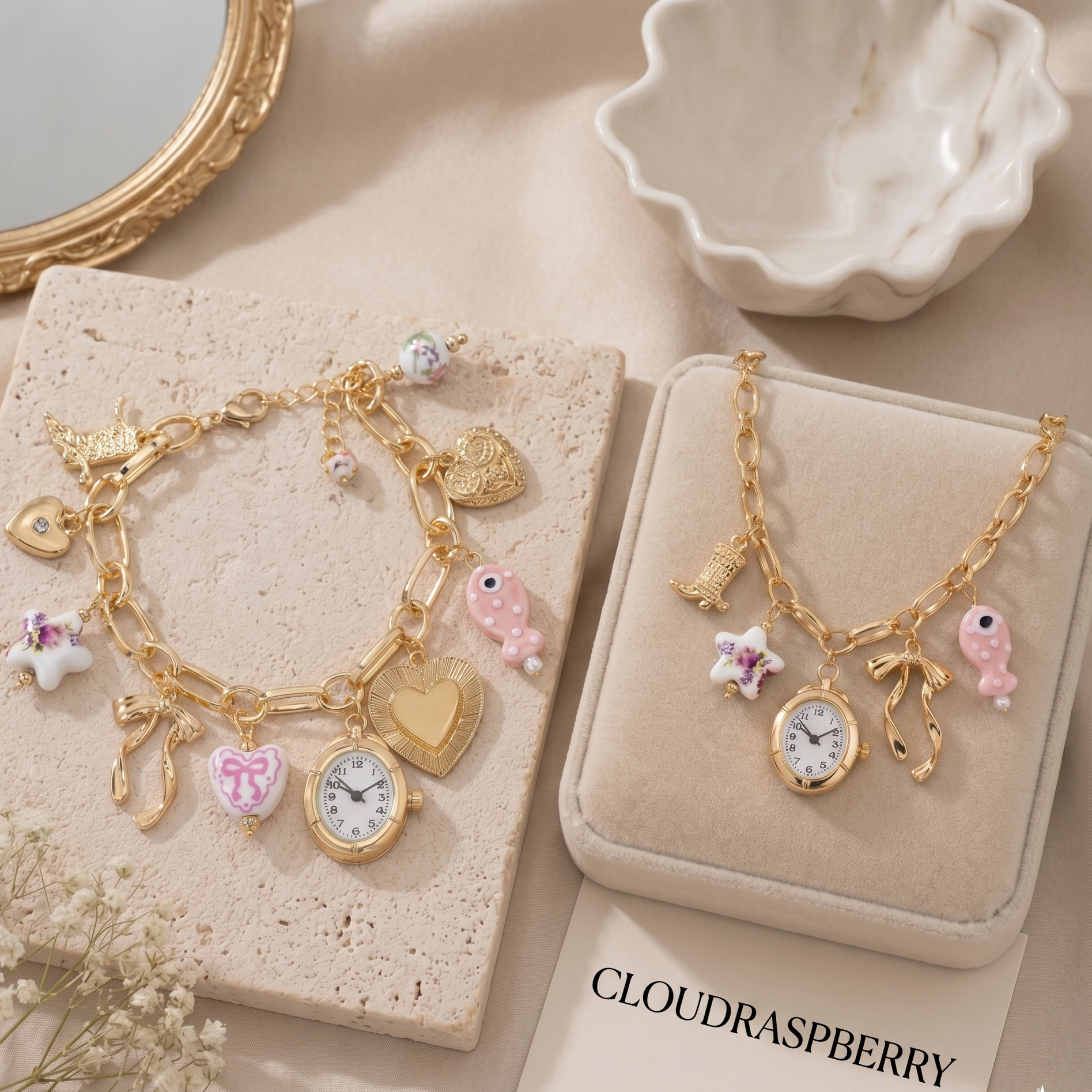 Pink ceramic Coquette jewelry set featuring a necklace and bracelet with gold floral, fish, and bow charms by CloudRaspberry Studio