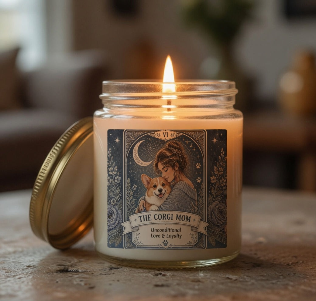 Personalized Corgi Mom scented candle with coconut apricot wax, custom label featuring tarot-inspired design, ideal for gift or decor.