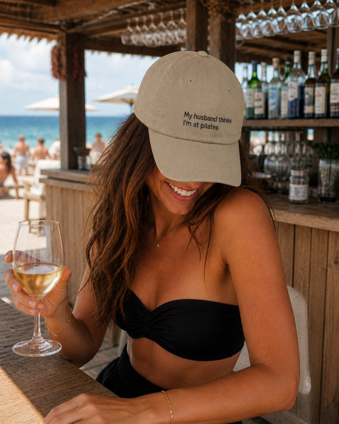Premium embroidered low-profile baseball cap by Printify with humorous "My Husband Thinks I'm At Pilates" design on the front.