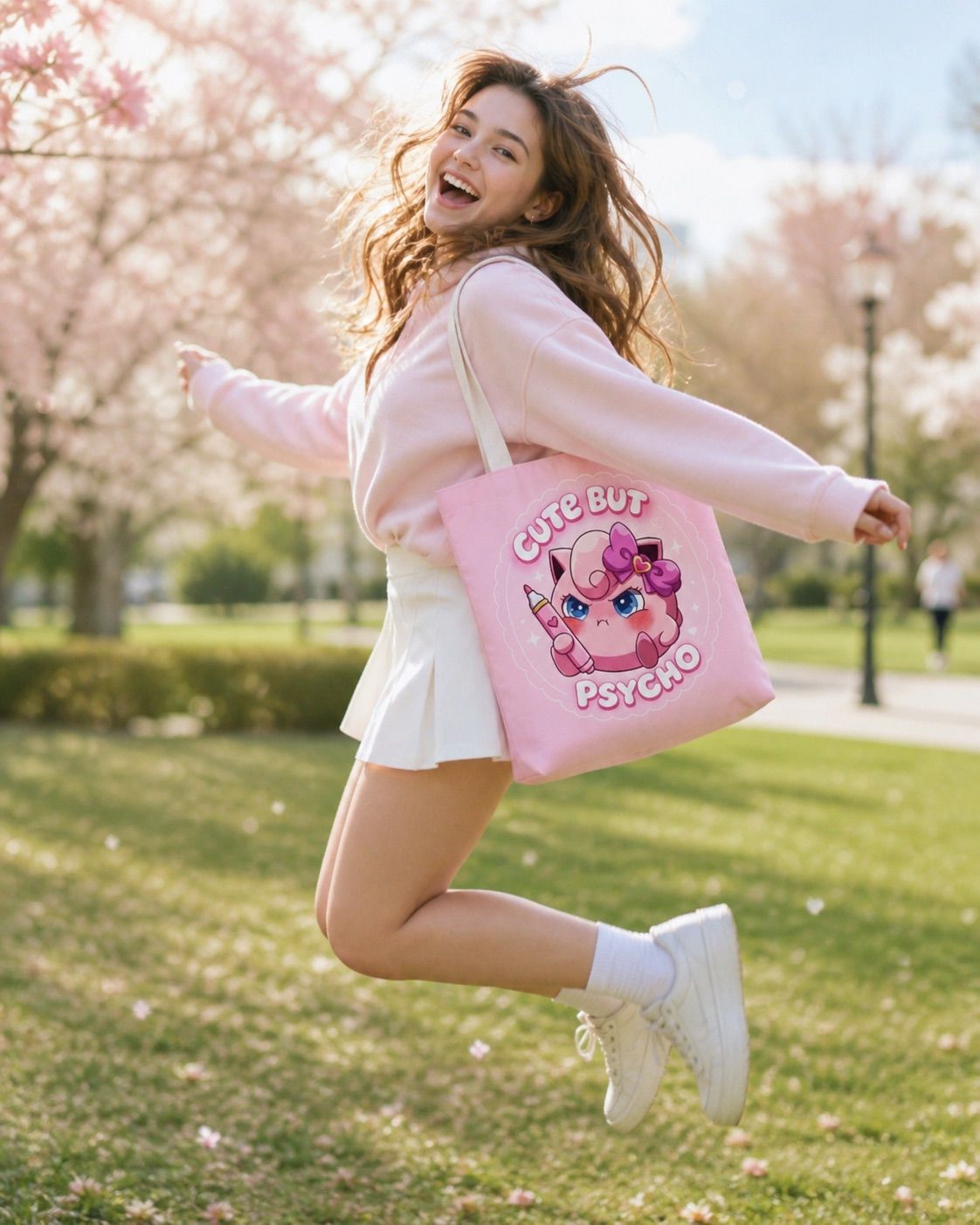 Pink "Cute But Psycho" tote bag by Printify, featuring kawaii style and bold text, perfect for casual shopping or daily use.