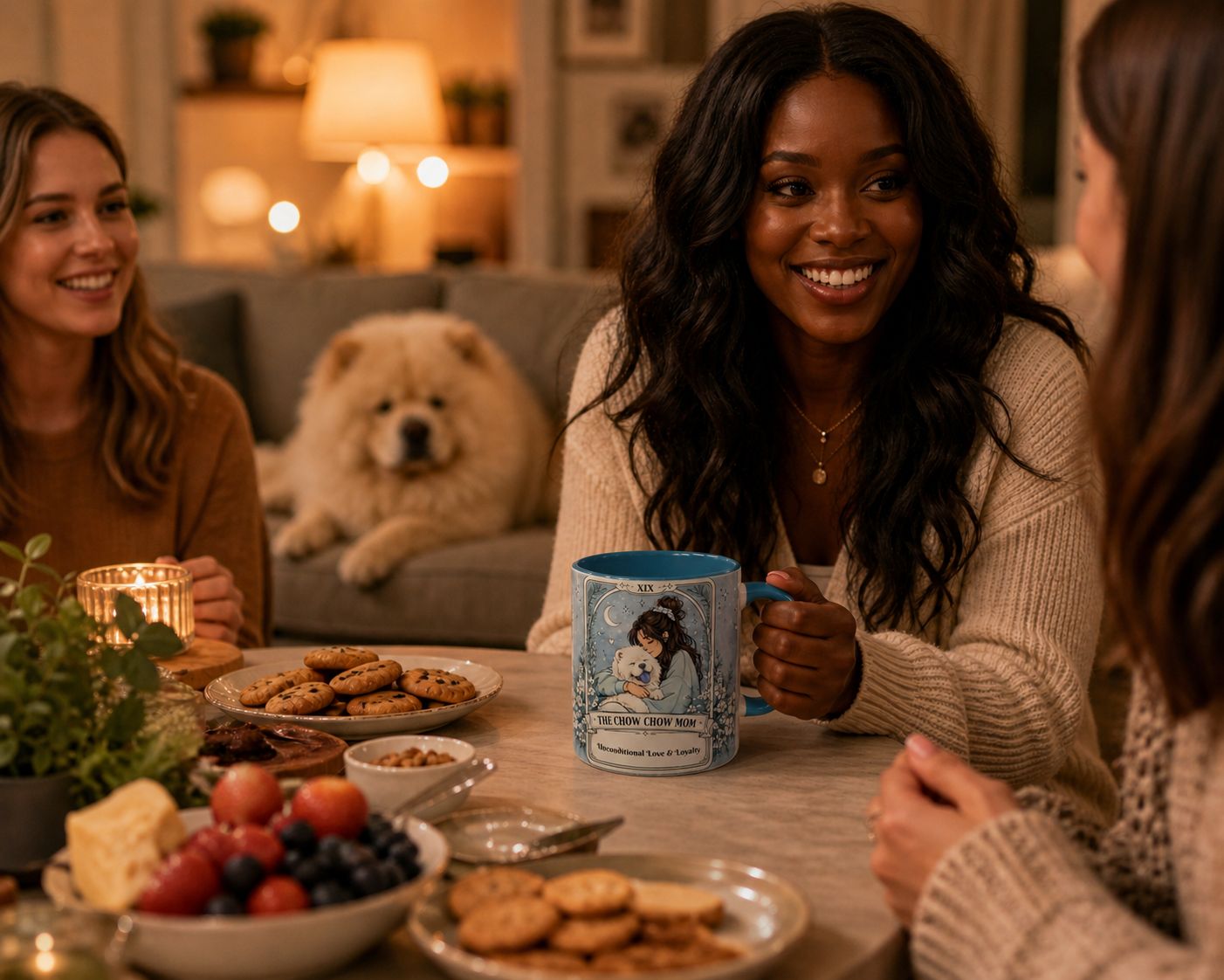 Personalized Chow Chow Mom tarot card mug with custom name, dog lover coffee cup featuring loyalty and unconditional love.