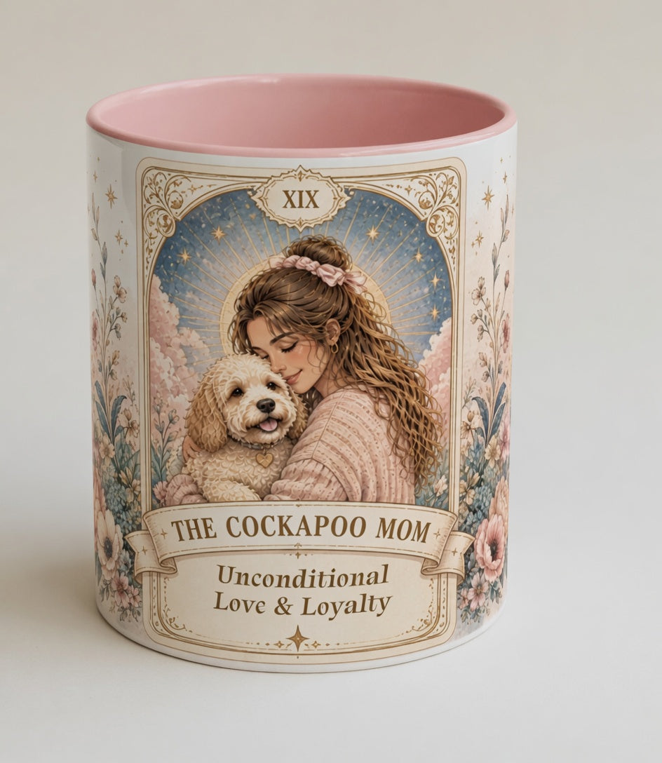 Personalized 'The Cockapoo Mom' floral tarot-style dog mom coffee mug, 11oz, featuring custom text and colorful floral design.