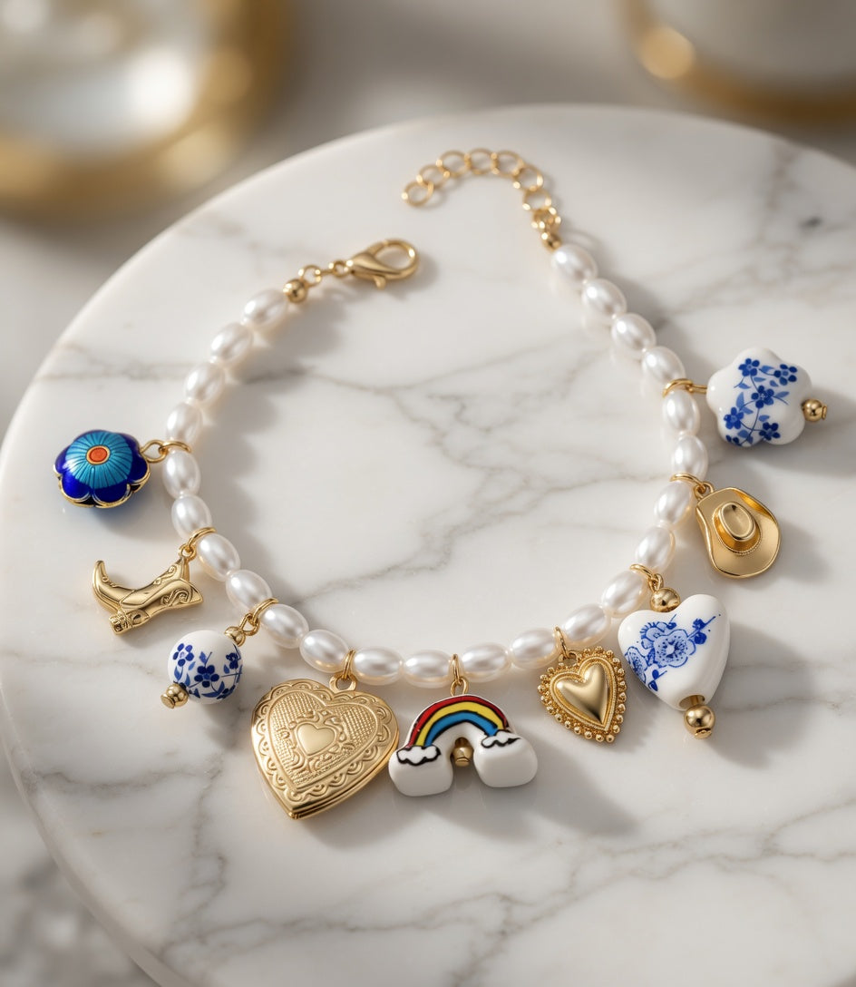 Blue floral boho pearl and ceramic charm necklace by CloudRaspberry Studio, featuring cowboy charms, styled with matching bracelet.