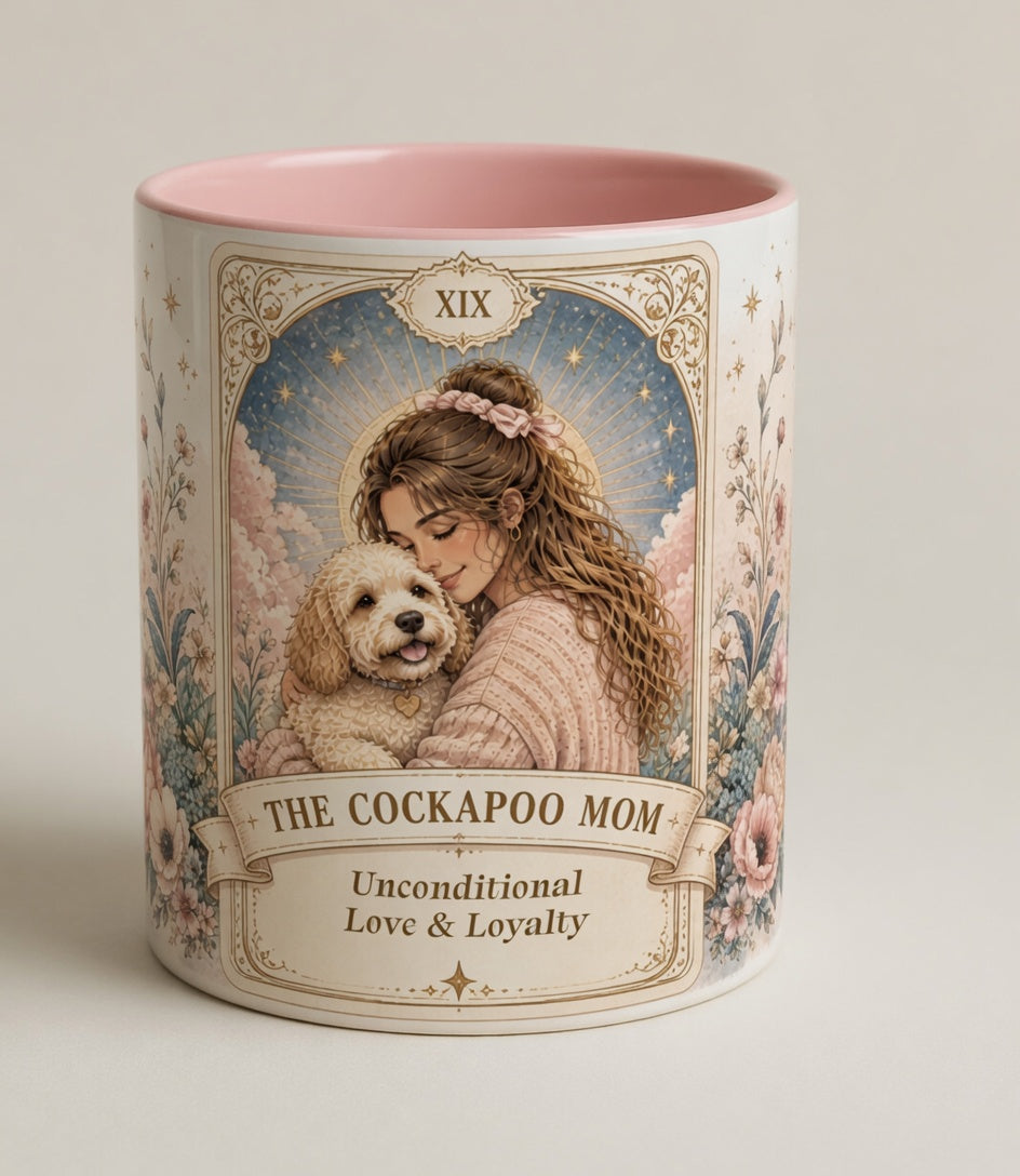 Personalized Cockapoo Mom coffee mug with floral tarot-style design, 11oz custom dog mom gift by Printify.