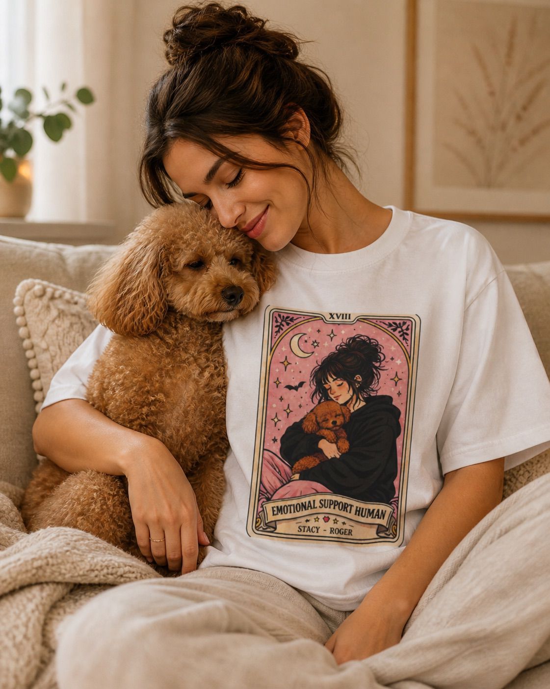 Personalized emotional support T-shirt featuring a funny dog mom tarot design, perfect for poodle moms and anxiety comfort.
