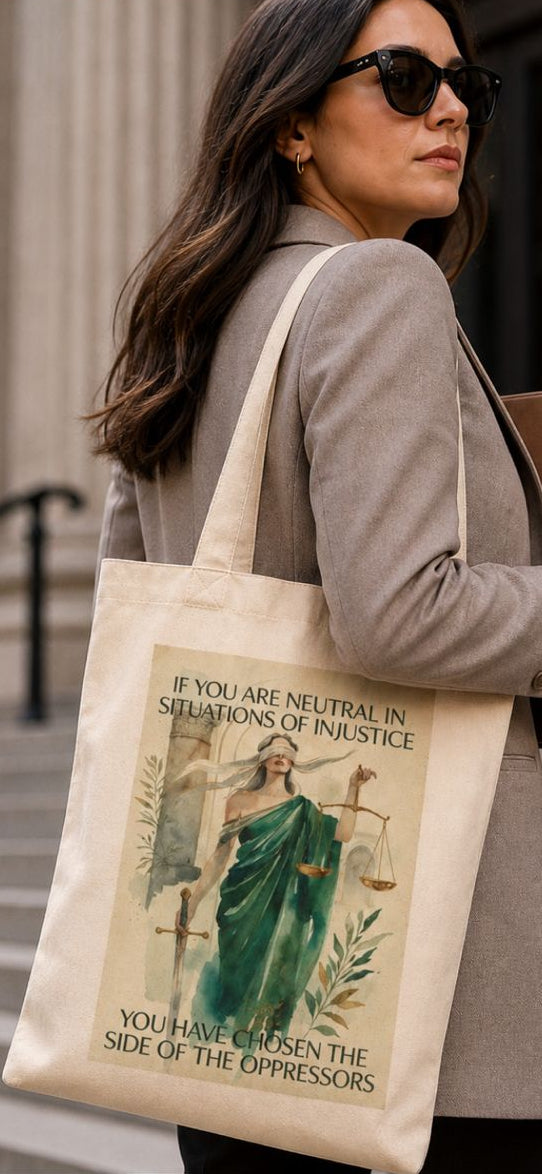 Social Justice tote bag featuring Lady Justice and the message "If You Are Neutral You Have Chosen The Oppressors" by Printify.
