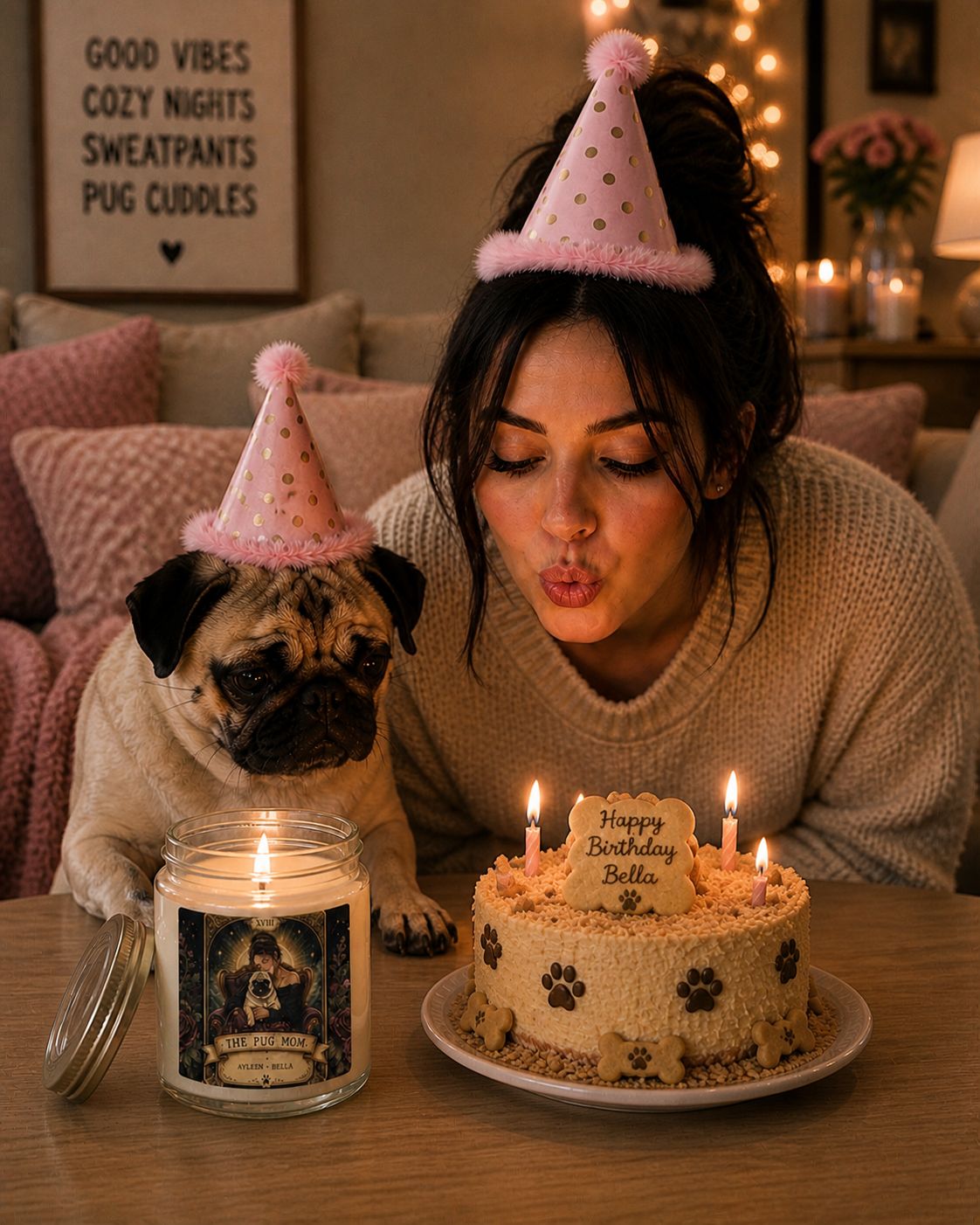 Personalized black coffee mug with vintage tarot-style design and "The Pug Mom" text, custom Printify product featuring a pug illustration.