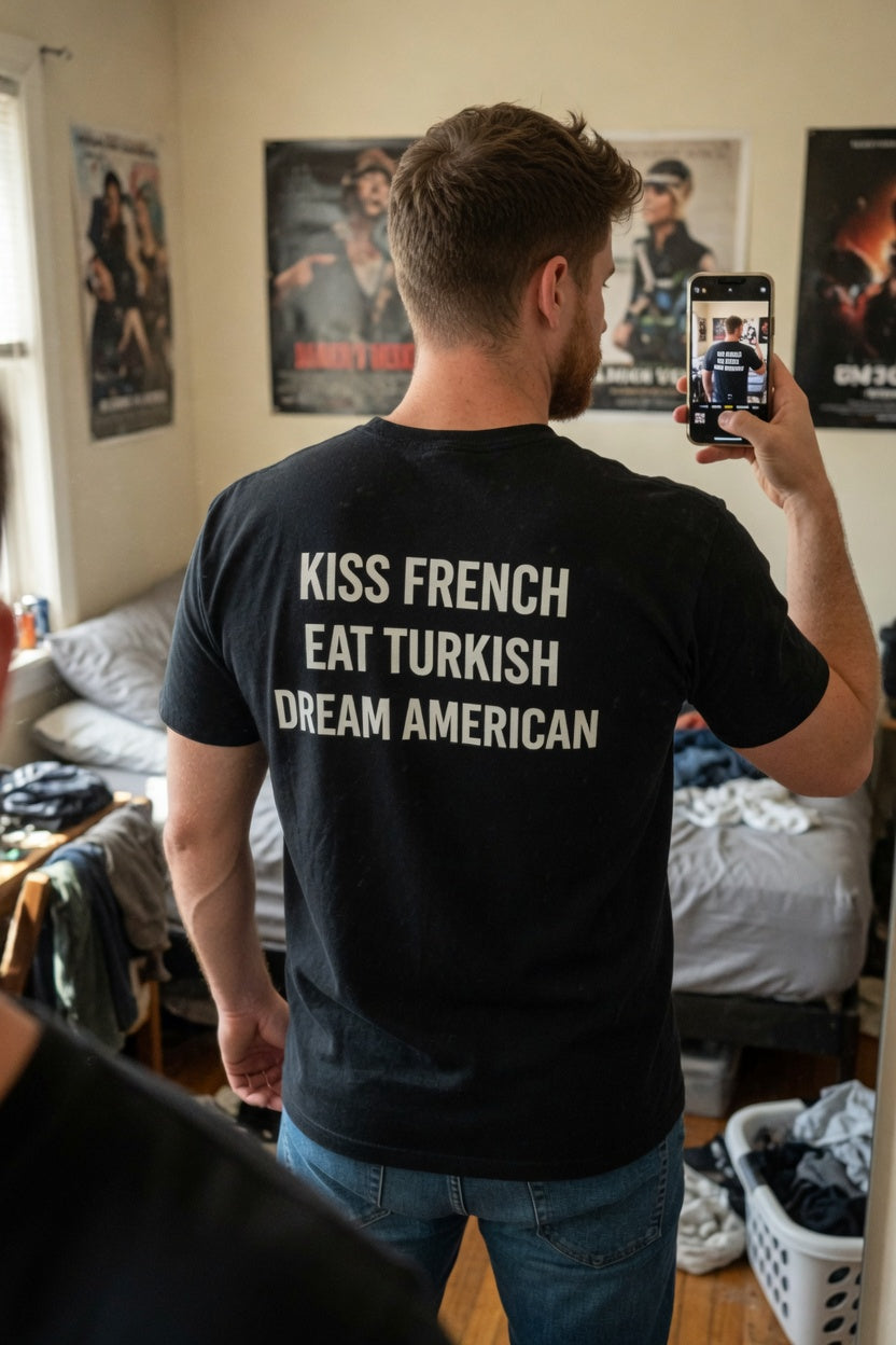 Unisex cotton T-shirt featuring "Kiss French, Eat Turkish, Dream American" slogan, designed by Printify for international couples.