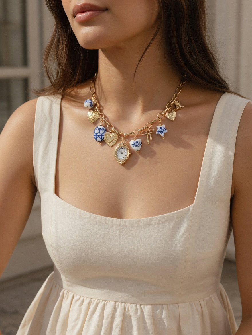 Blue ceramic faux watch charm necklace from CloudRaspberry Studio, featuring gold porcelain accents in a stylish jewelry set.