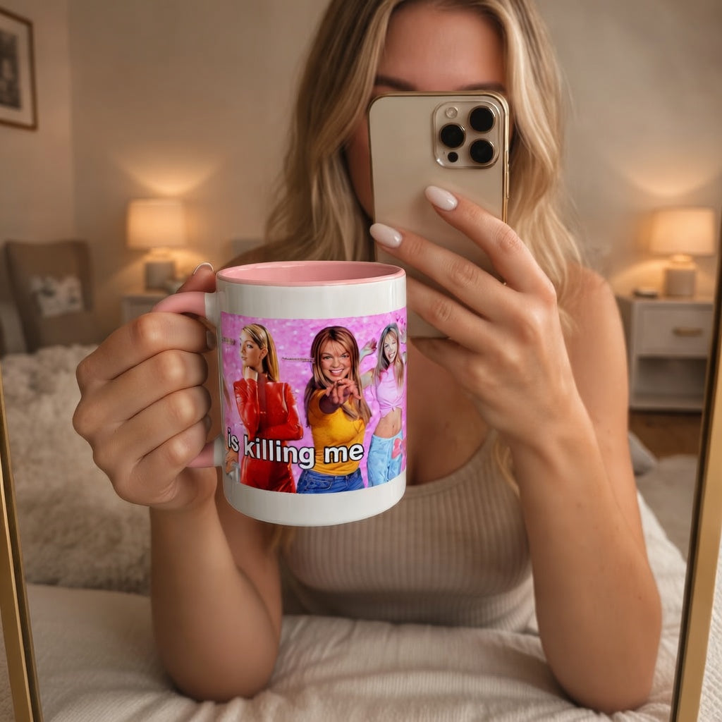 Y2K Britney Collage Accent Coffee Mug with "My Government is killing me" text and colorful vintage-inspired design.
