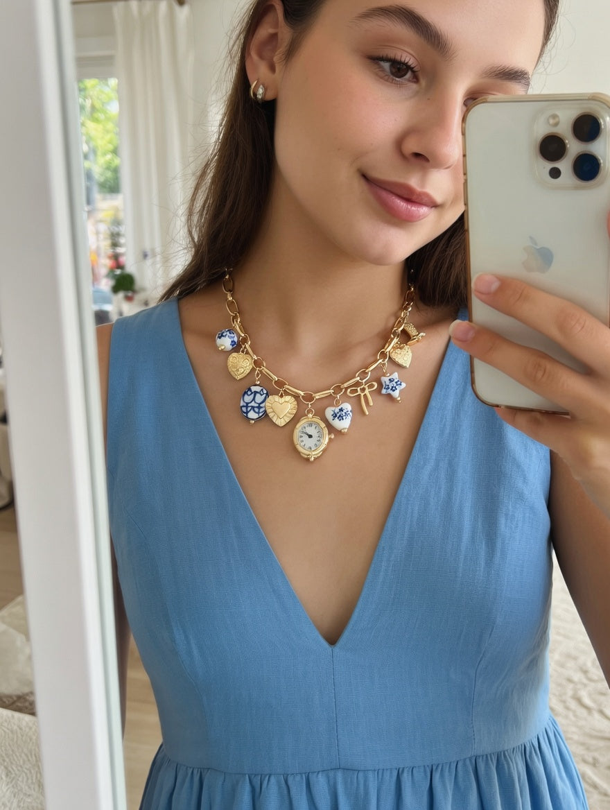 Blue ceramic faux watch charm necklace and bracelet set by CloudRaspberry Studio featuring gold porcelain accents.