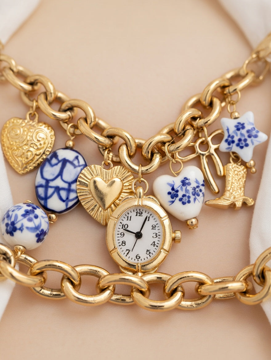 Blue ceramic faux watch charm necklace and bracelet set by CloudRaspberry Studio featuring gold porcelain accents.
