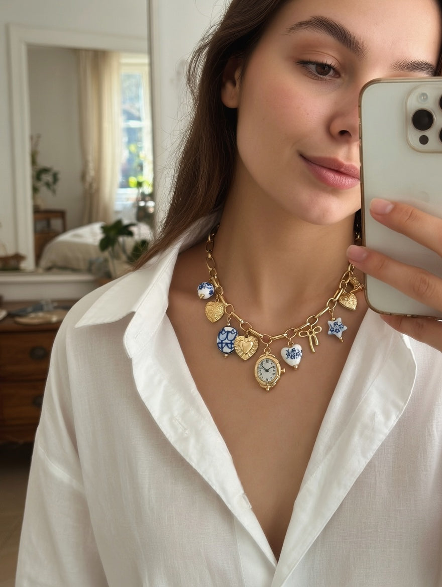 Blue ceramic faux watch charm necklace from CloudRaspberry Studio, gold porcelain set, with matching bracelet, stylish jewelry ensemble