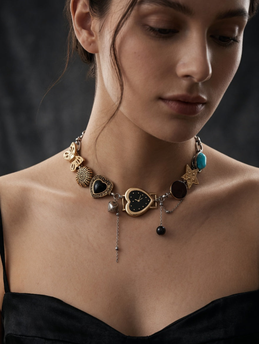 Boho black heart vintage choker necklace with whimsical watch pendant by CloudRaspberry Studio, featuring black or red dial.