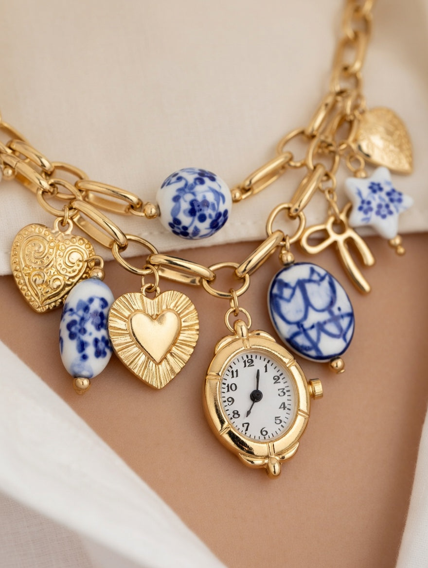 Blue ceramic faux watch charm necklace and bracelet set by CloudRaspberry Studio featuring gold porcelain accents, shown together.