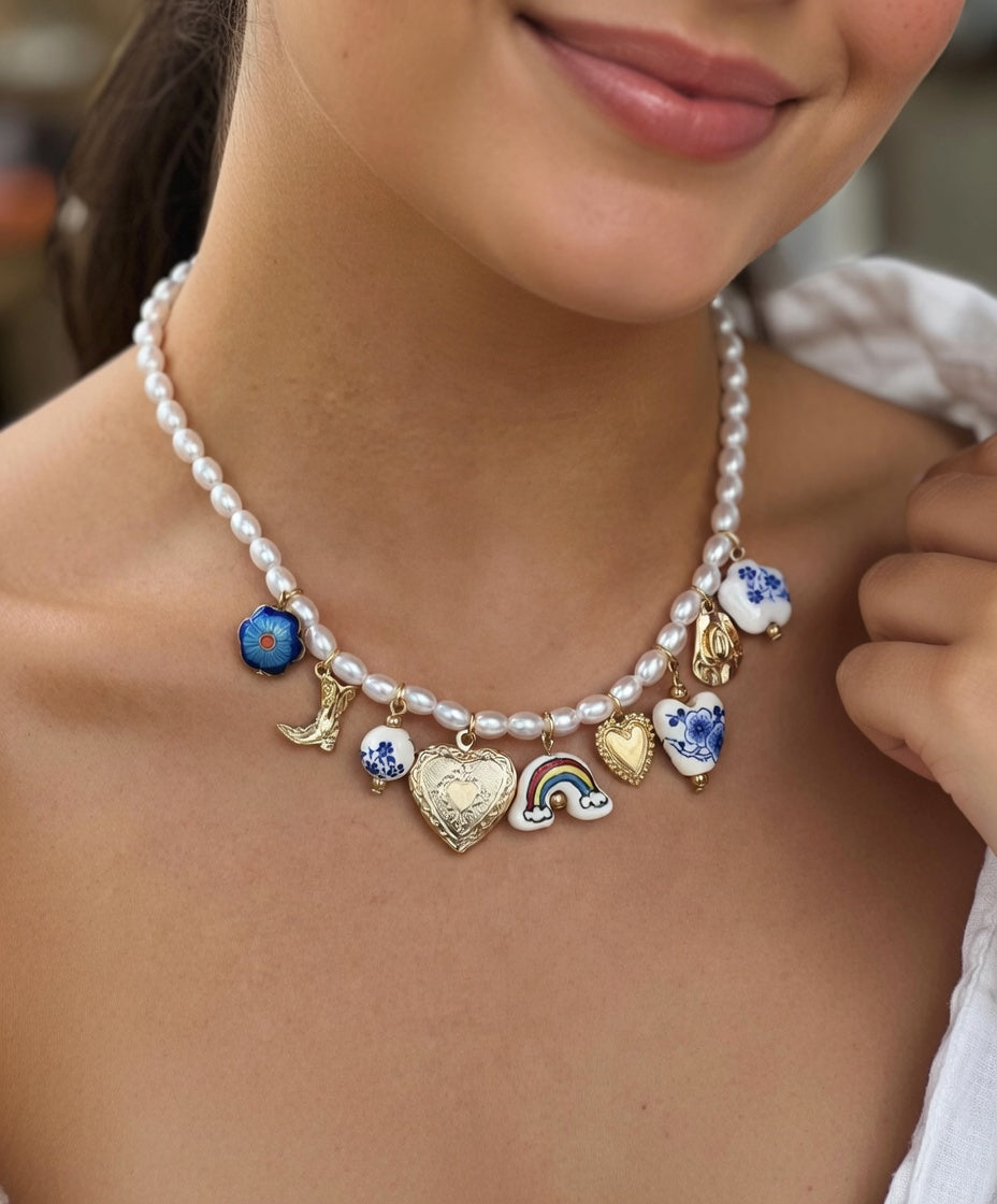 Blue floral cowboy charms necklace by CloudRaspberry Studio featuring boho pearl and ceramic charms, perfect as a set or separate.