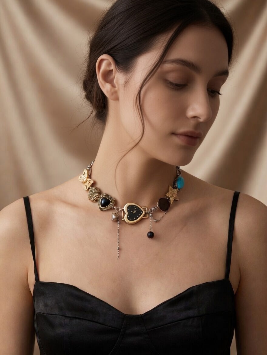 Boho black heart vintage watch choker necklace with whimsical design and black dial, by CloudRaspberry Studio.