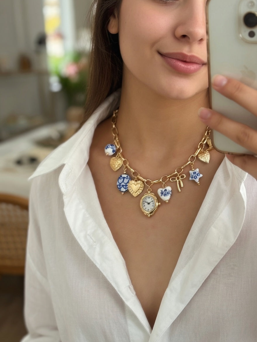 Blue ceramic faux watch charm necklace from CloudRaspberry Studio featuring gold porcelain accents in a stylish jewelry set.