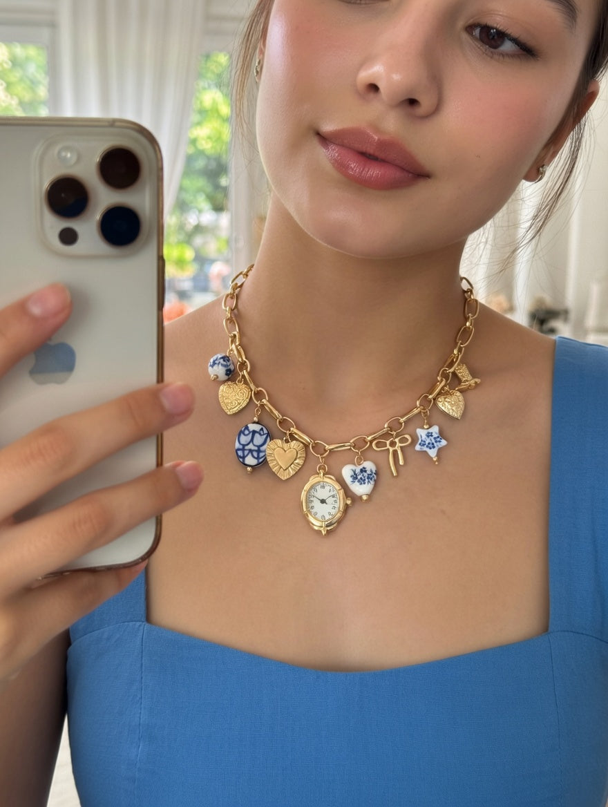 Blue ceramic faux watch charm necklace and bracelet set by CloudRaspberry Studio featuring gold porcelain accents.