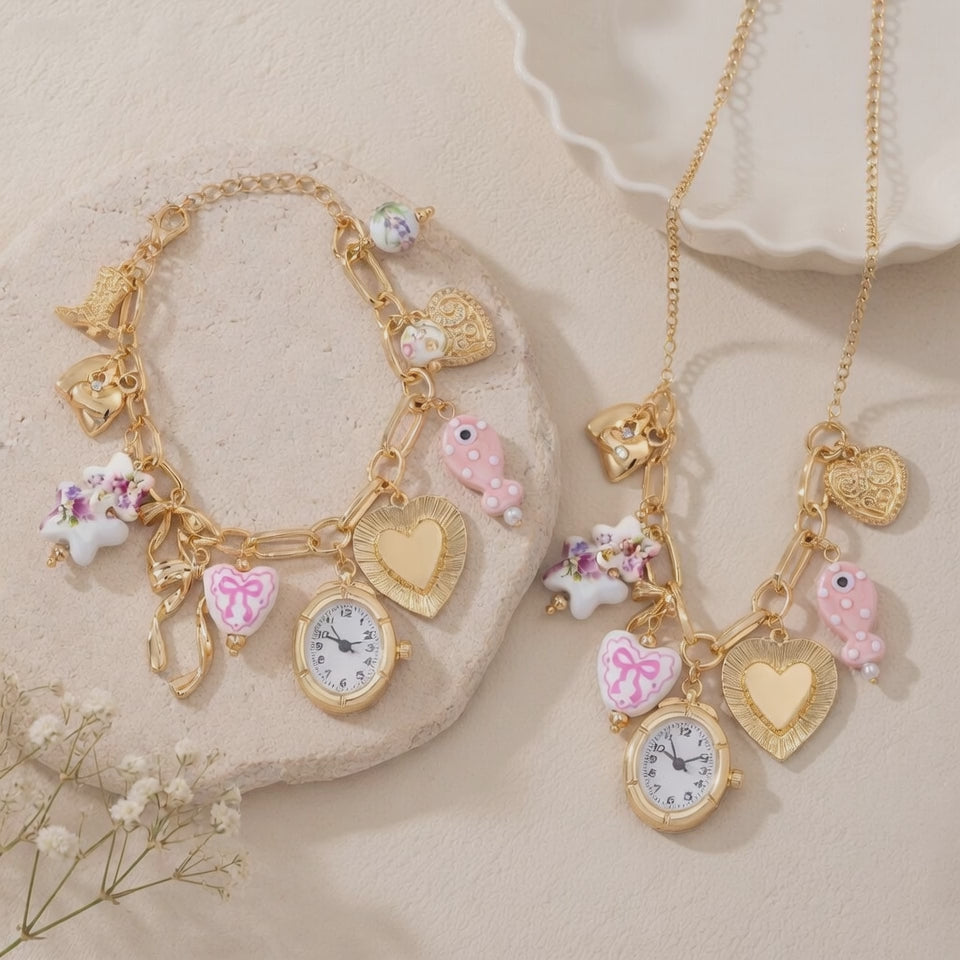 Coquette Pink Ceramic Watch Charm Necklace & Bracelet – Gold Floral Fish & Bow Set (Buy Together Or Seperately)