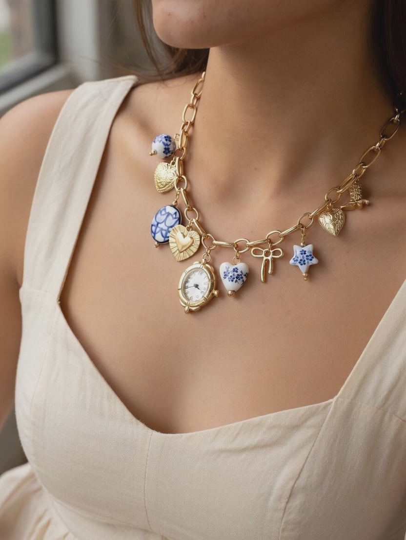 Floral Blue Ceramic Faux Watch Charm Bracelet & Necklace   – Gold Porcelain Set (Buy Together Or Seperately) (Copy)