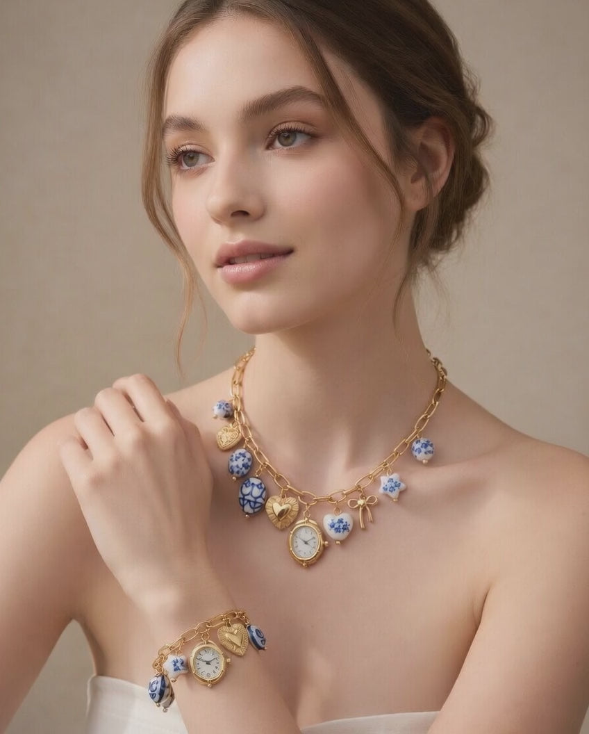 Blue Ceramic Faux Watch Charm Necklace & Bracelet – Gold Porcelain Set (Buy Together Or Seperately)