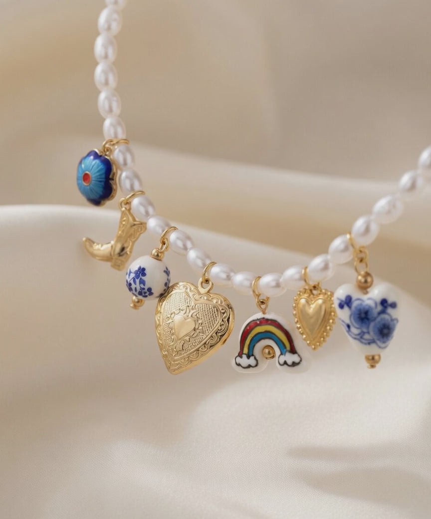 Boho Pearl & Ceramic Charm Necklace & Bracelet – Blue Floral Cowboy Charms | Buy Separately or Set
