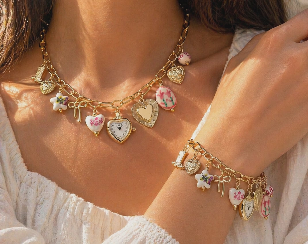 Boho Floral Heart, Pink Ceramic & Watch Charm Necklace & Bracelet – Gold Coquette Jewelry (Buy Together Or Seperately)