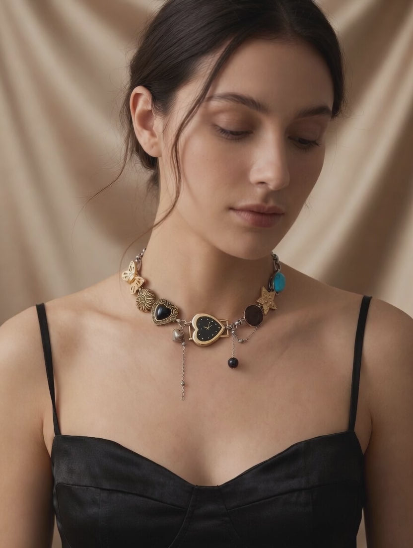 Boho Black Heart Vintage Whimsical Watch Choker Pendant Necklace  | Black or Red Dial