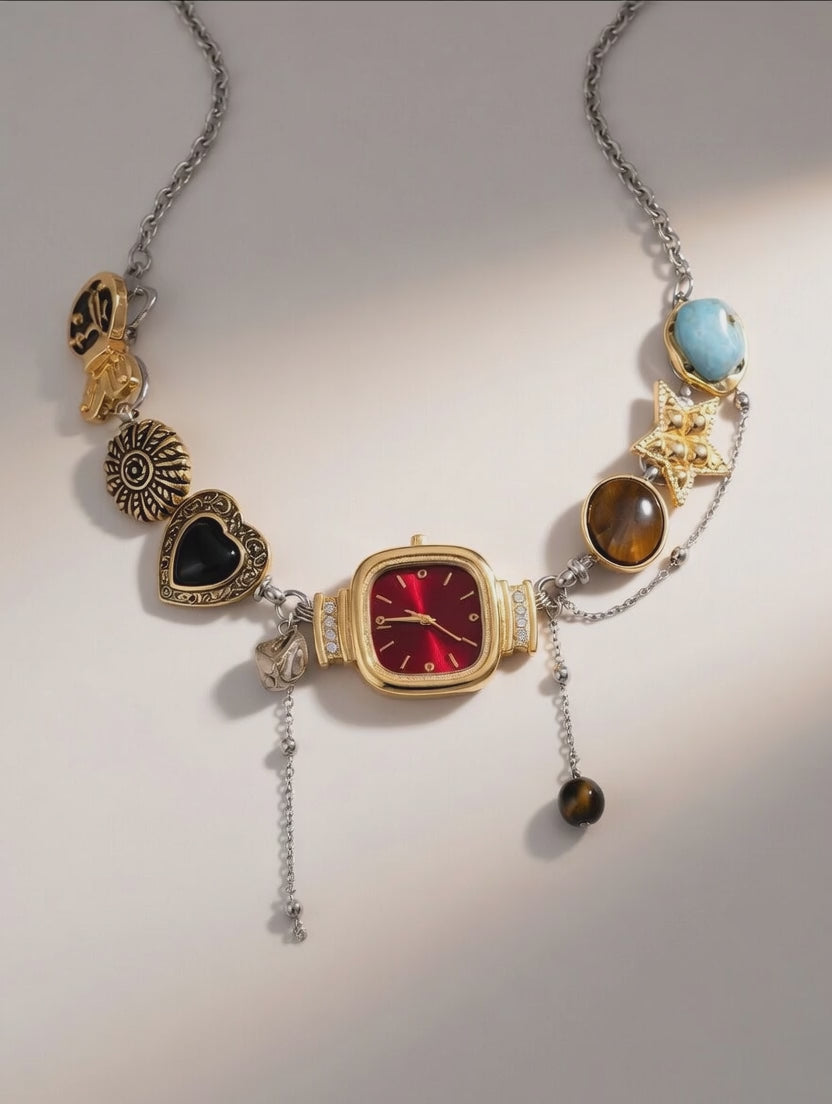 Boho Black Vintage Whimsical Watch Choker Necklace   – Square Watch Pendant | Black or Red Dial