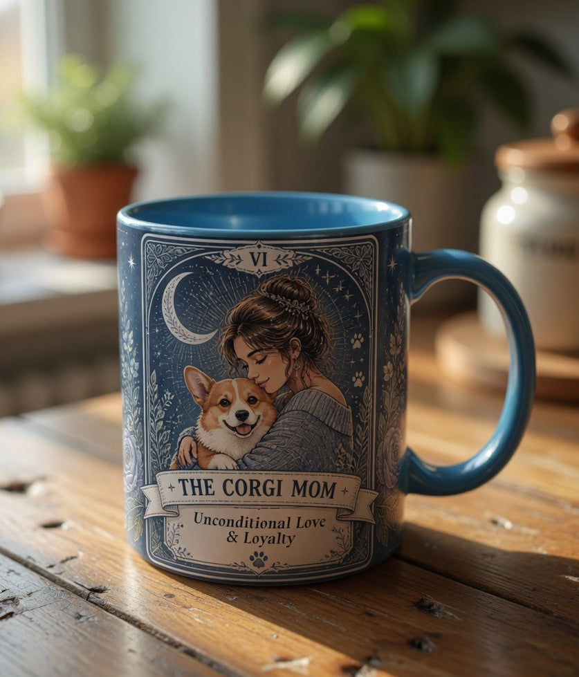 Personalized 'The Corgi Mom' tarot card coffee mug with custom dog mom design, featuring a cute Corgi illustration.